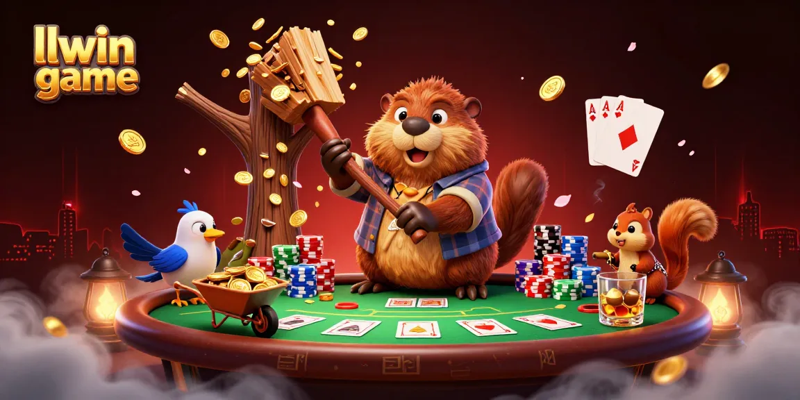 Winning coins rain as LLwin game characters enjoy a vibrant gambling scene filled with prizes.