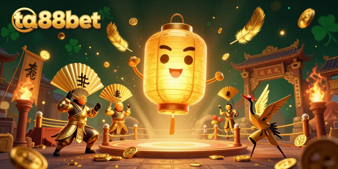 Bet and win at ta88bet's vibrant online gaming scene with an enchanting golden lantern spirit, showcasing lucky symbols.