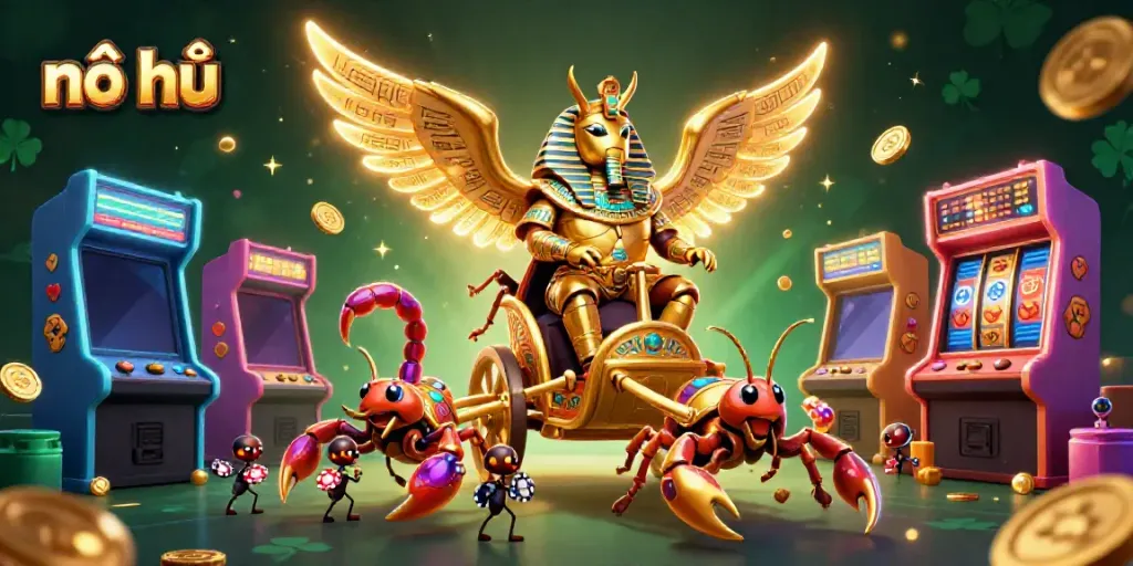 Nổ hũ game scene featuring a golden scarab beetle and chariot against vibrant casino backdrop.
