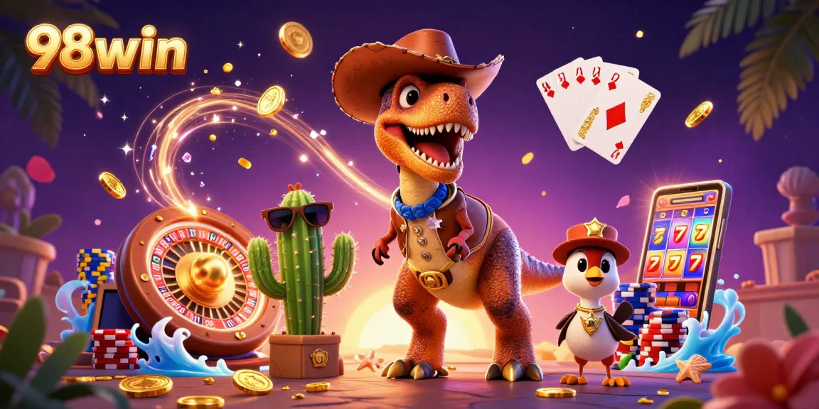 Win big with 98win: Colorful 3D casino scene featuring vibrant T-Rex and dazzling game elements.