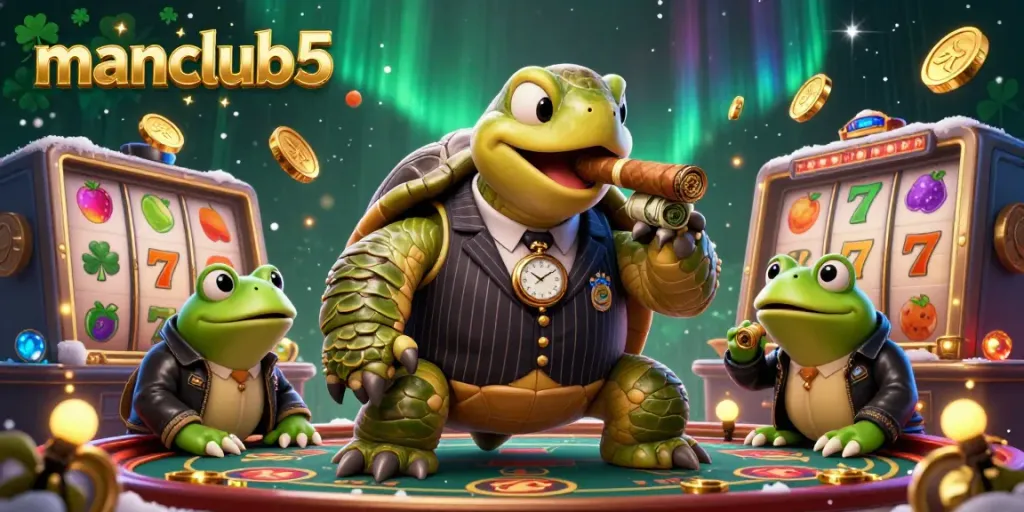 Experience excitement with manclub5 in a vibrant casino scene featuring a turtle mobster and bullfrog enforcers.