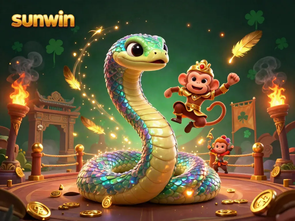 Experience winning thrills with Sunwin's vibrant casino and gaming scene featuring mythical characters and golden elements.