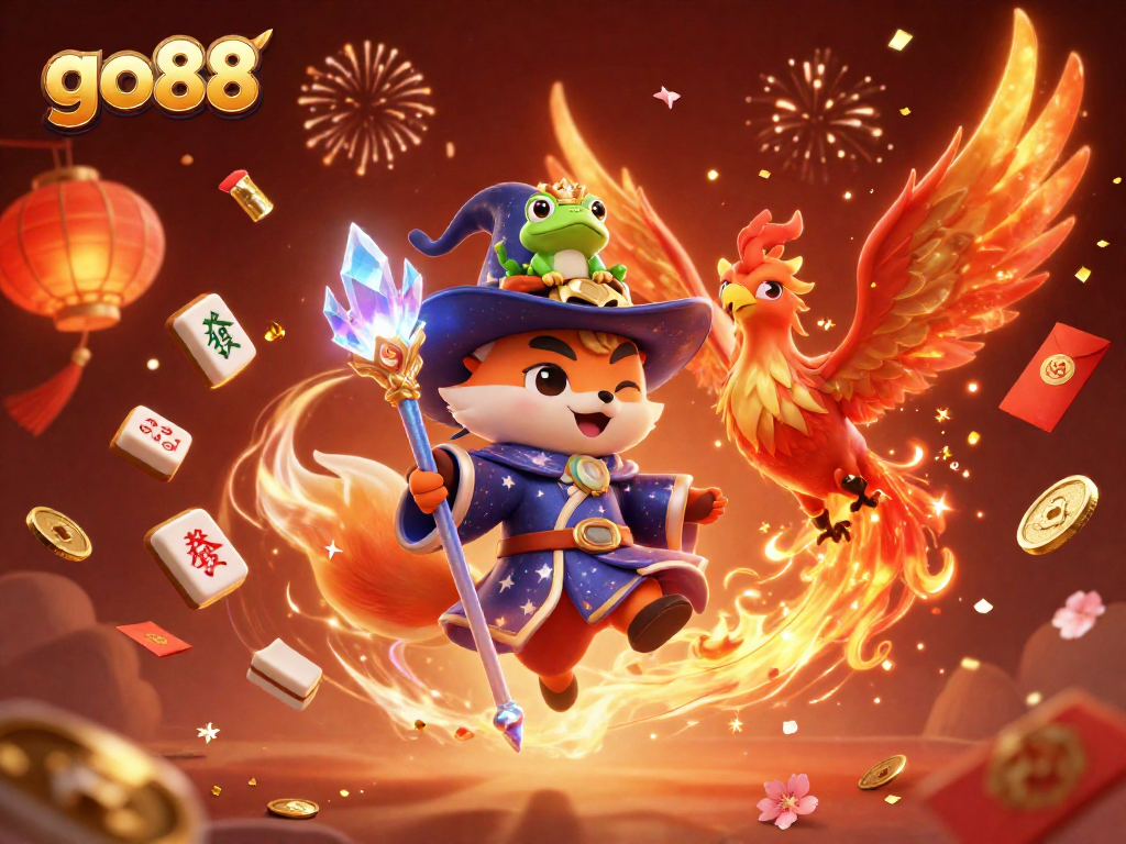 Experience enchanting moments at go88 with a wizard fox and a fiery phoenix in a dynamic casino illustration.