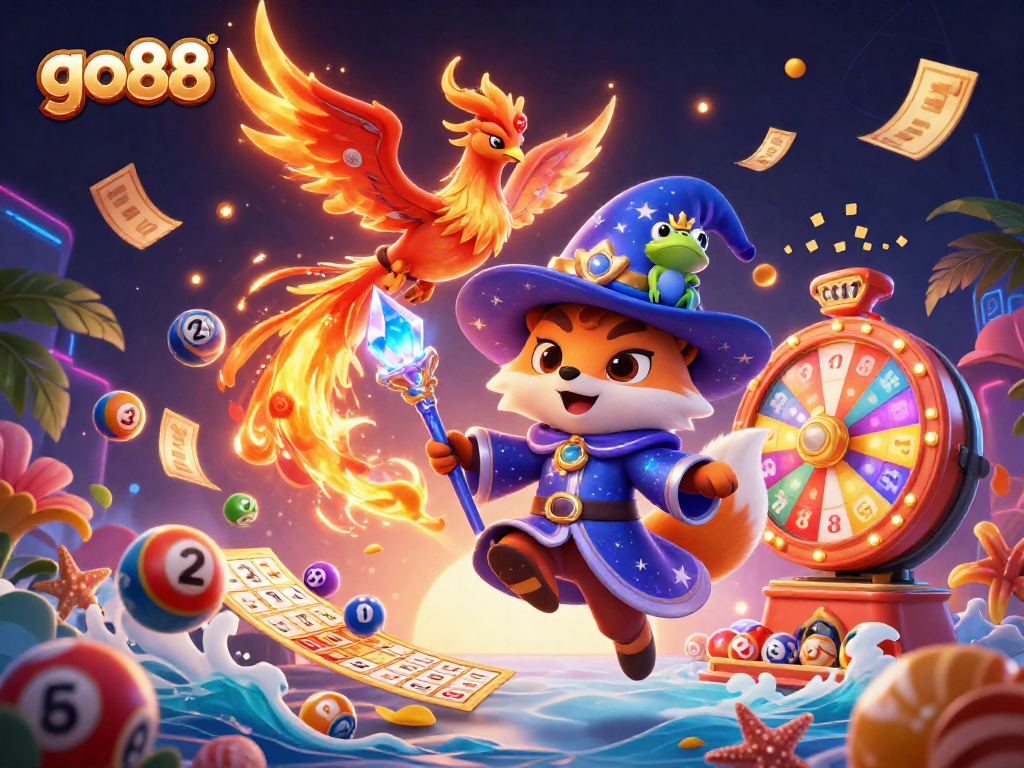 Experience excitement with go88's vibrant casino scene of a mystical wizard and phoenix.