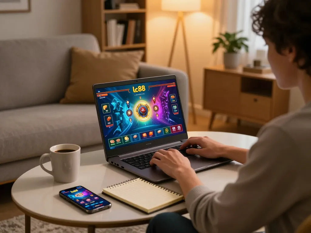 Engaged player enjoying lc88 casino experience at home with laptop, notepad, and cozy atmosphere.
