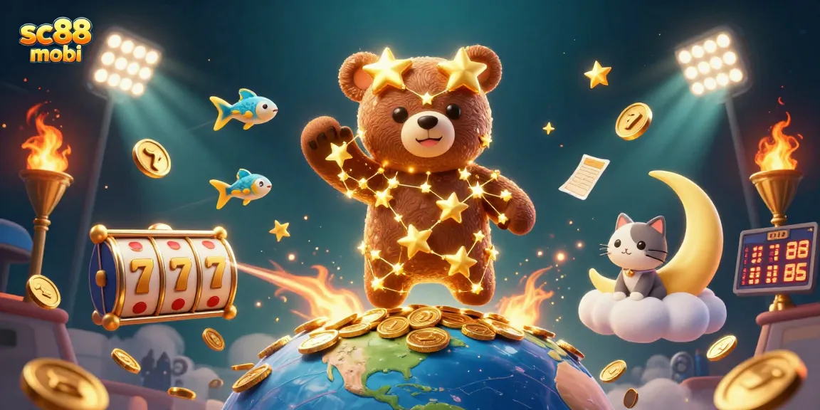 Engage with sc88 mobi as a bear scoops coins amid a lively casino scene featuring slot reels, trophies, and sports elements.