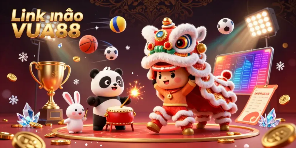 Engage with the exciting world of gambling through Link vào VUA88 featuring an interactive lion dance scene with sports elements.