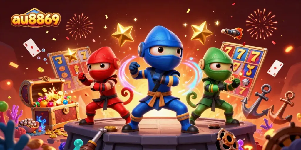 Experience winning with au8869 in this action-packed casino scene featuring chameleons.
