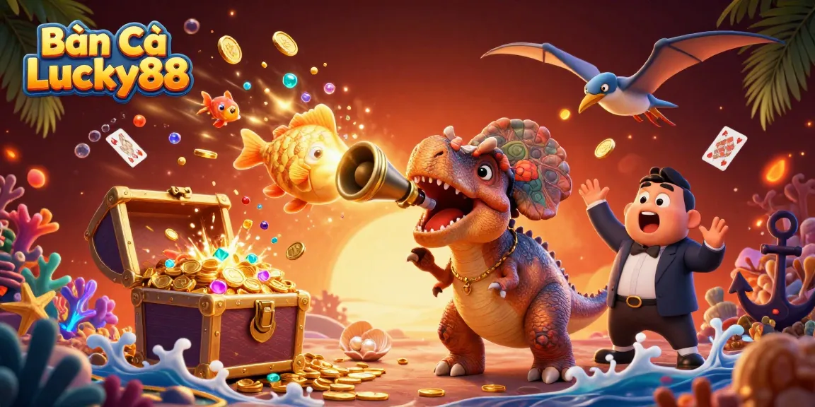 Bắn Cá Lucky88 showcases a pteranodon catching gold coins amid a fish shooting game explosion