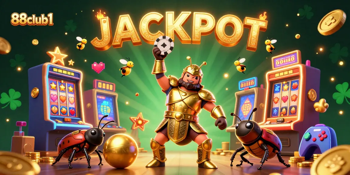 Engage in thrilling casino action with 88club1 as the animated hercules beetle celebrates a big jackpot.