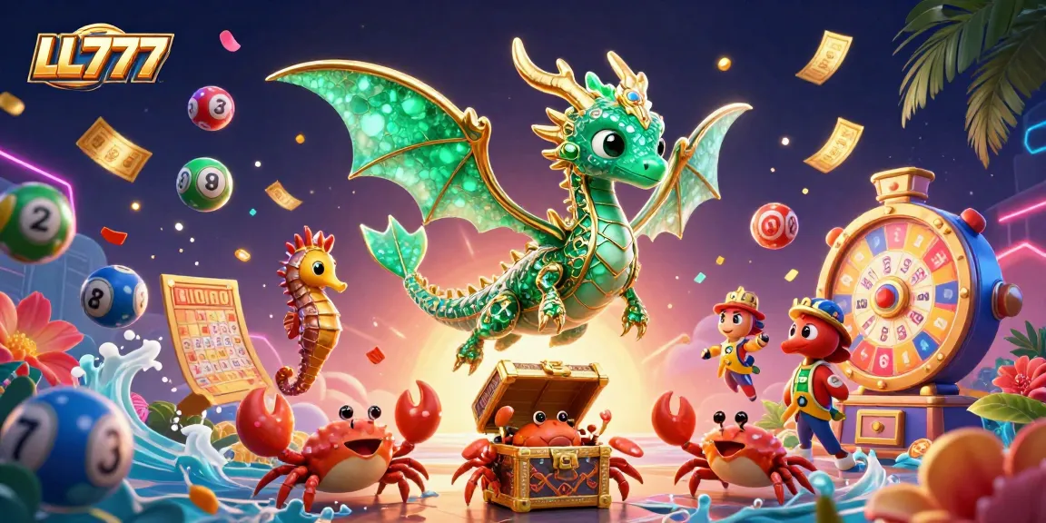 Engage with LL777's vibrant world of lottery games featuring dynamic colorful balls and a magical sea dragon.