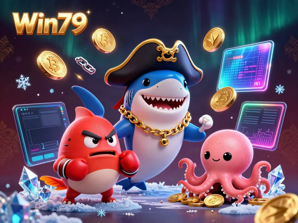 Bet on Win79 with a captivating scene of casino excitement, featuring cartoon characters and glowing crypto coins.