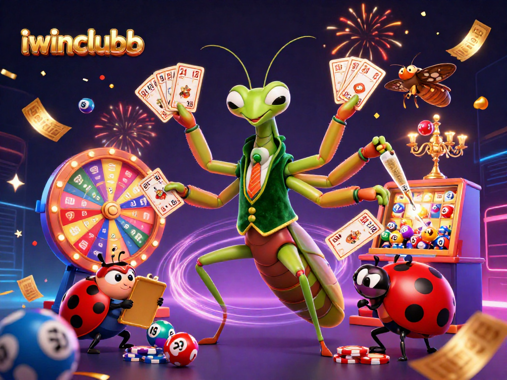 Experience the excitement of iwinclubb with vibrant lottery balls and engaging characters in a dynamic casino scene.