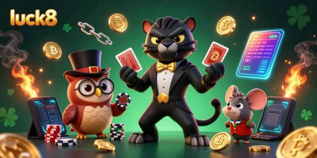 Luck8 promotional illustration with a stylish panther, owl, and mouse in a vibrant casino scene.