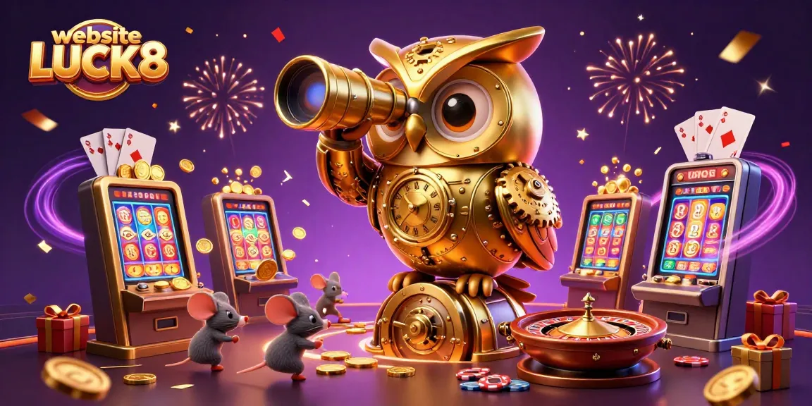 Engaging 3D casino scene featuring website LUCK8's vibrant characters amidst games, excitement, and winning potential.