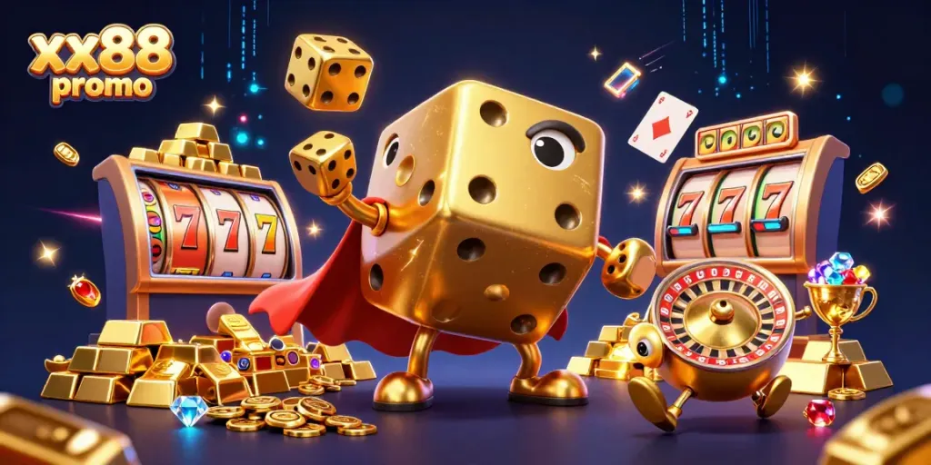 Experience the excitement of xx88 promo with a golden dice golem and vibrant casino elements.