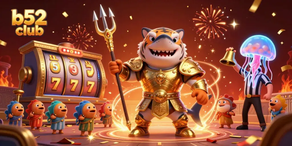 B52 club players celebrate big wins in a vibrant 3D casino scene filled with dynamic slot elements.