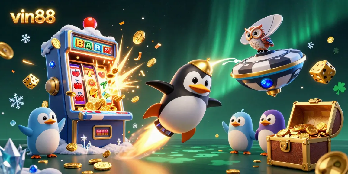 Spin to win with vin88 as the penguin blasts through a cosmic casino jackpot!