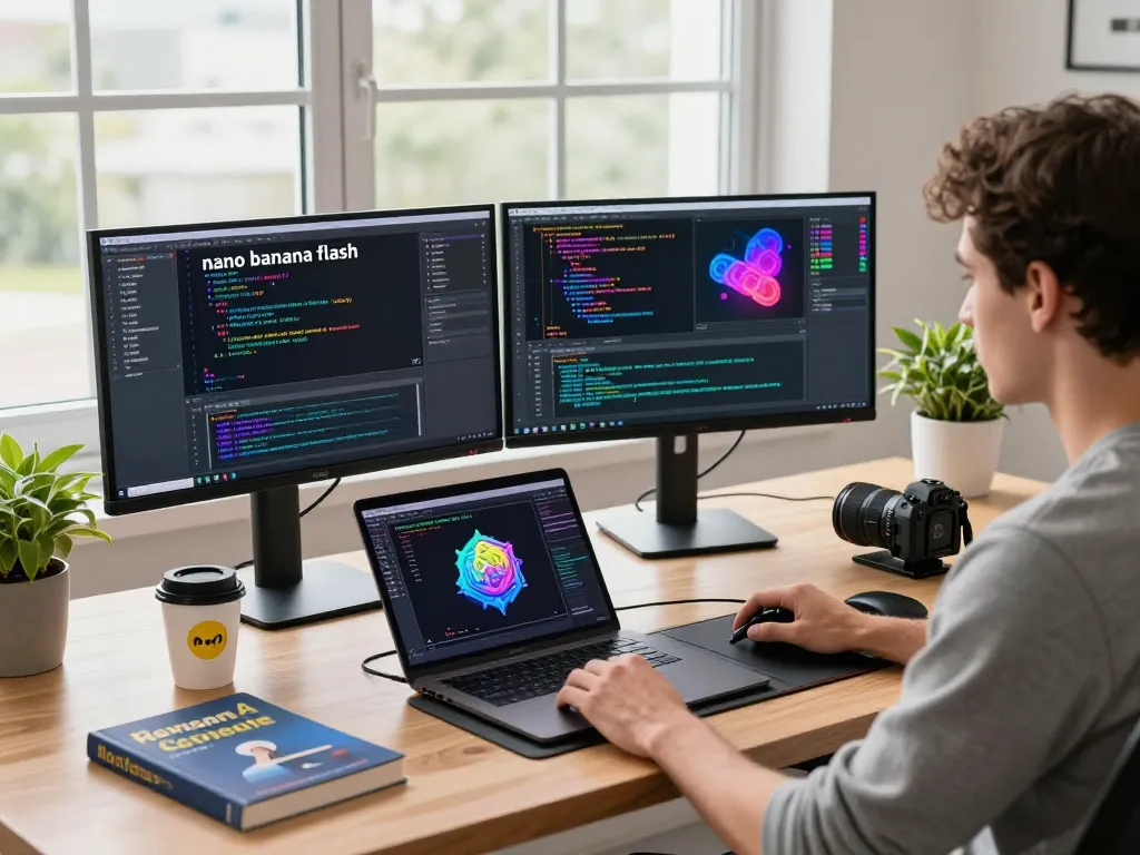 Creative coder engaging with dual monitors and AI tools, showcasing nano banana flash capabilities in a modern workspace.
