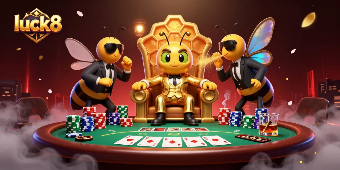 Engage with luck8's thrilling games, featuring a cartoon mob boss in a vibrant casino scene.