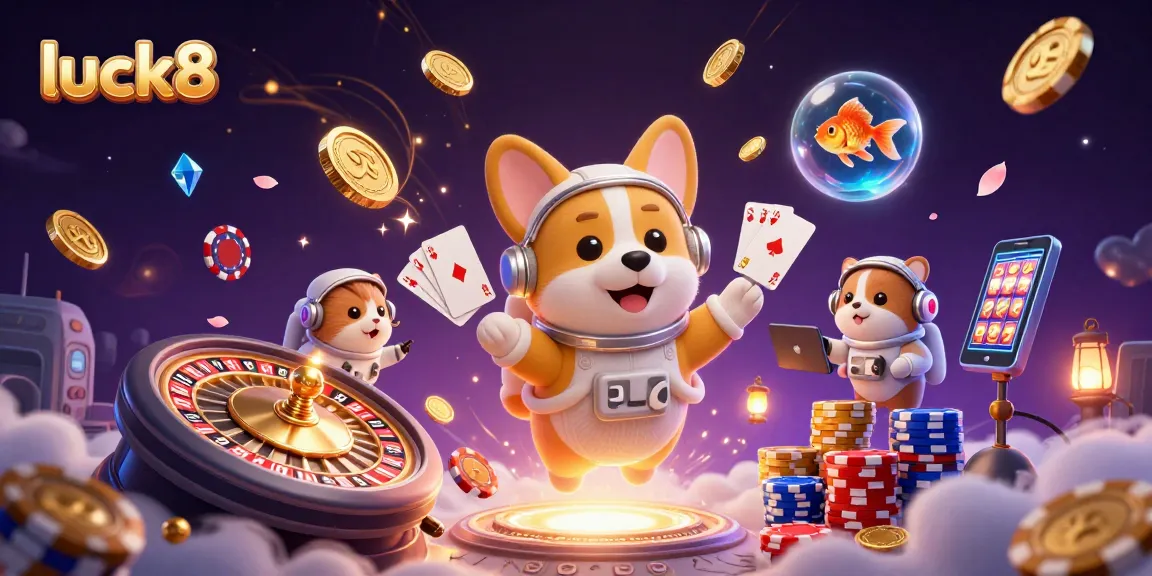 Engage with luck8's thrilling gaming experience through floating poker chips and vibrant casino elements.