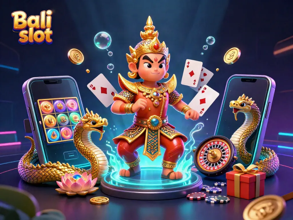 Engage with Bali slot through a vibrant 3D illustration featuring slot games, gold coins, and mythical guardians.