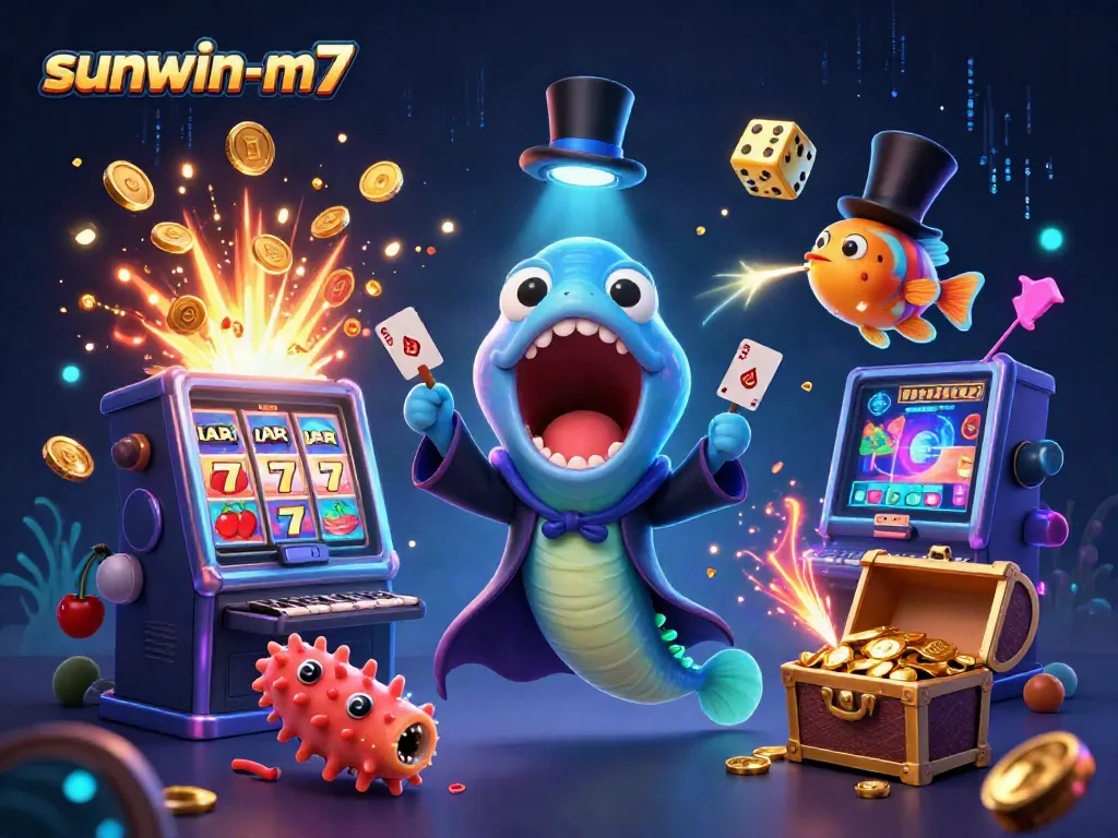 Watch the sunwin-m7 characters in a vibrant 3D casino illustration featuring exciting game elements.