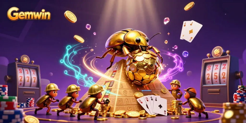 Experience Gemwin's vibrant casino adventure with golden beetles and jackpot treasures.
