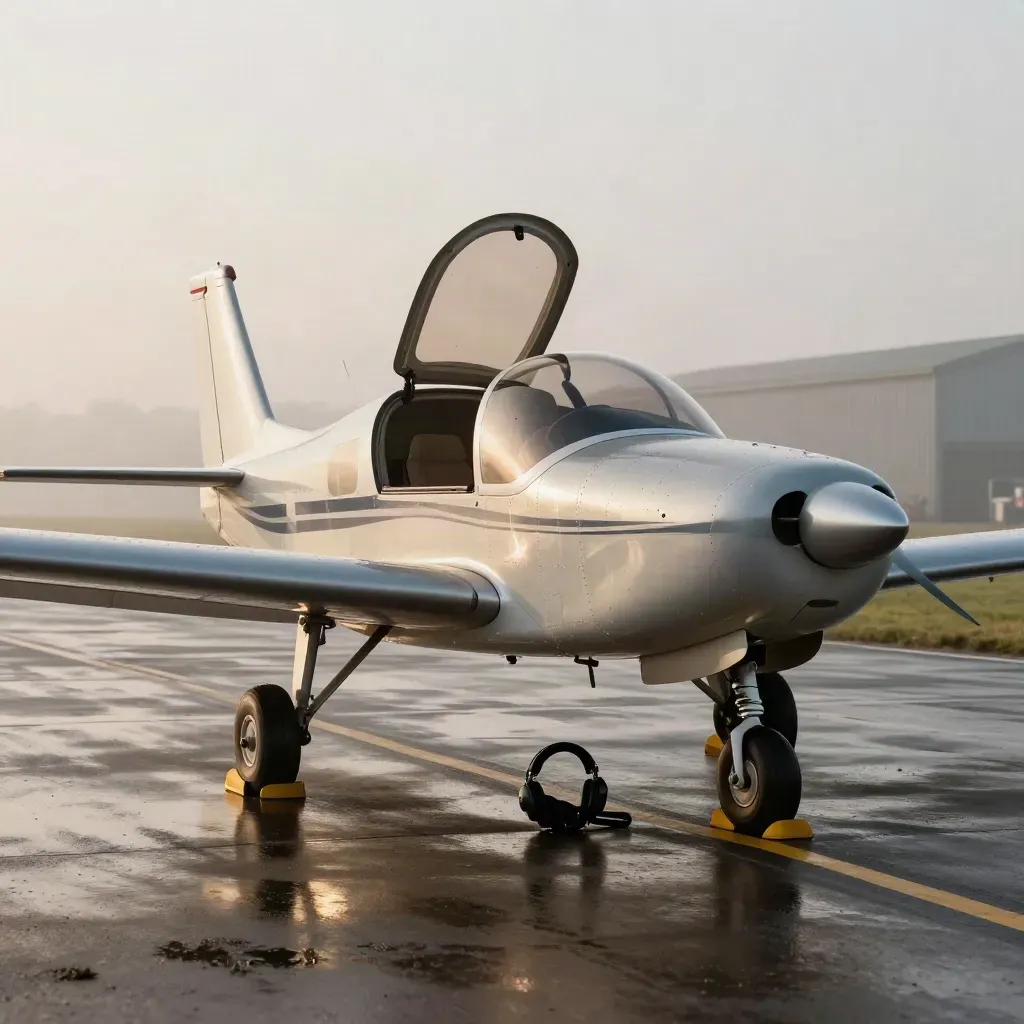 Training aircraft at a misty UK airfield with open canopy and headset by the nose gear