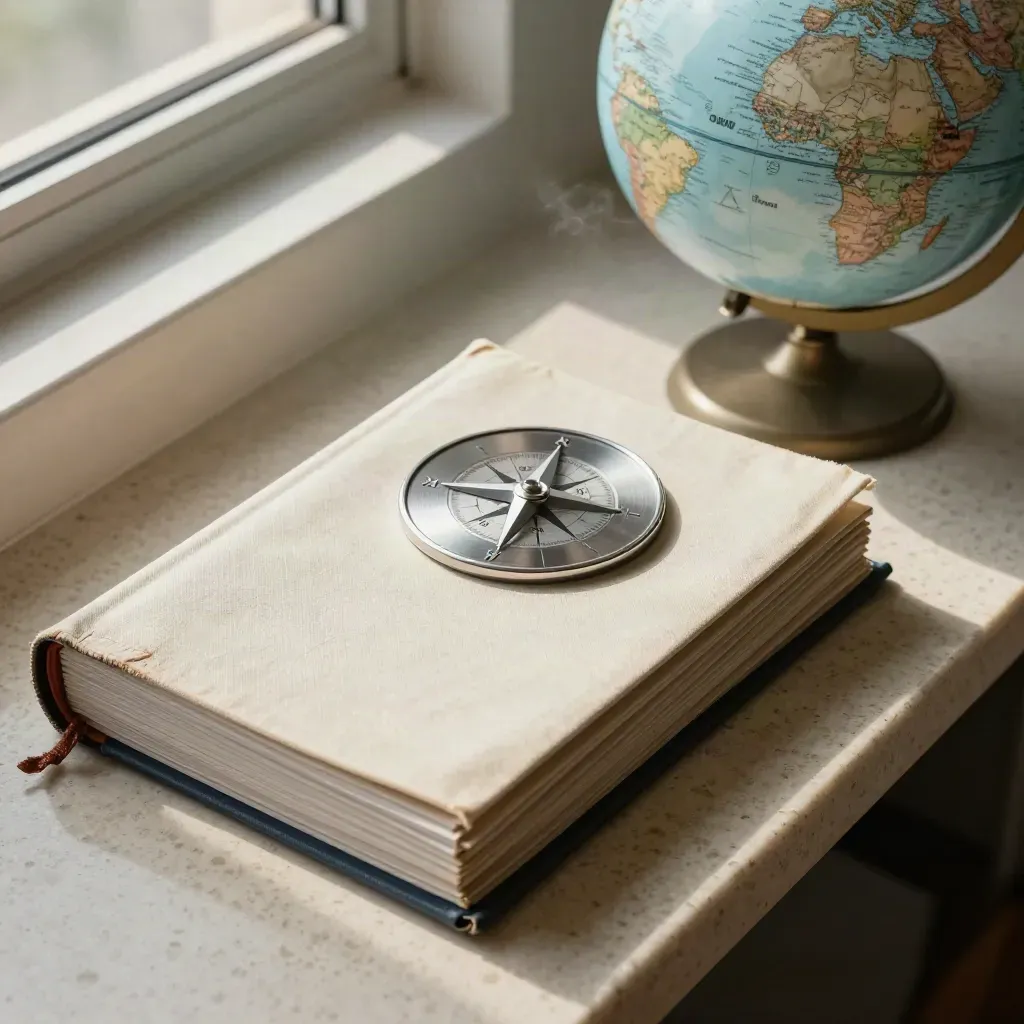 Flight manuals, weather globe, compass rose disc and binders on travertine in soft window light.