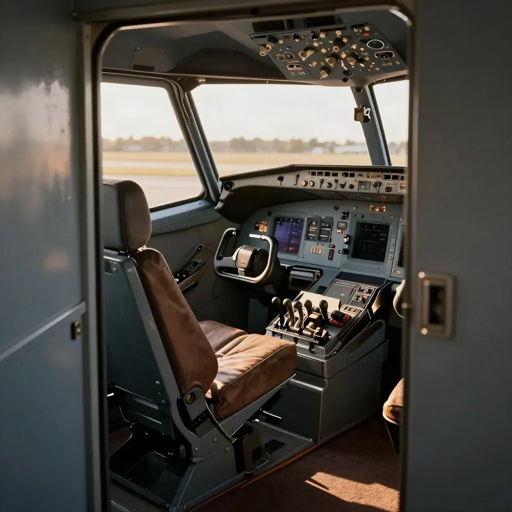 Simulator cockpit with yoke, throttle and glowing switches in a dim hangar.