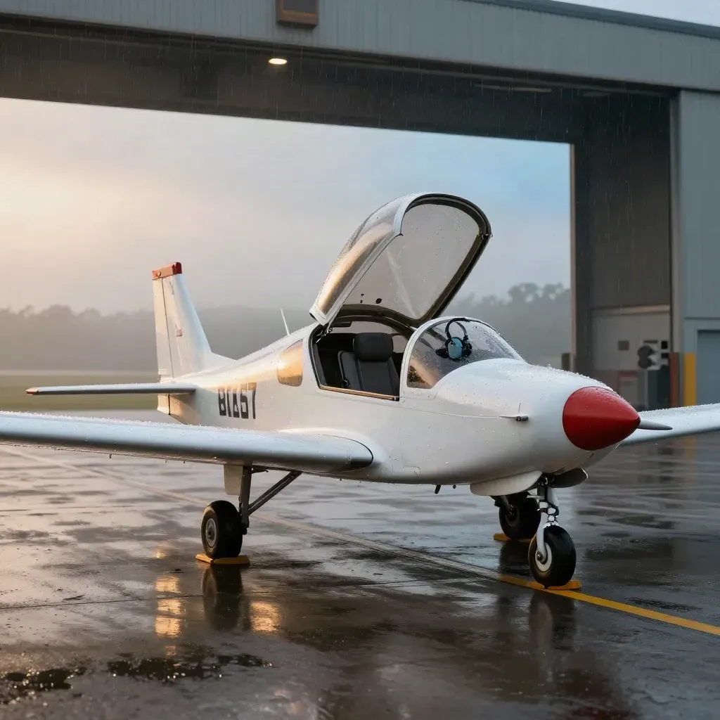 Rainy apron with open training aircraft, headset, chocks and misty hangar glow