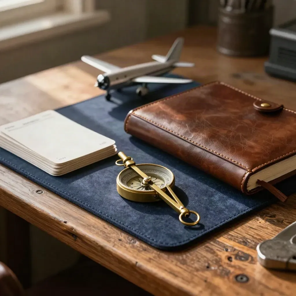 Brass compass, closed logbook, blank cards and a model aircraft on a moody licence-prep bench.
