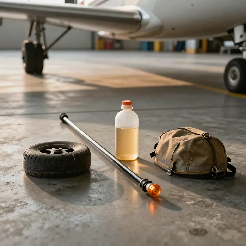 Safety kit at hangar threshold: chocks, fuel tester, marshal wand and pitot cover.