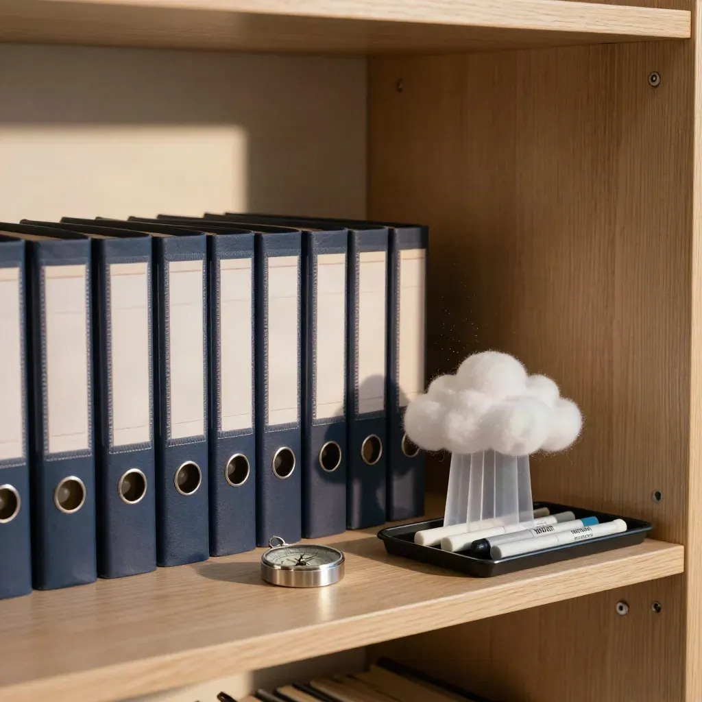 Flight-school shelf with binders, compass, cloud model and markers in late light.