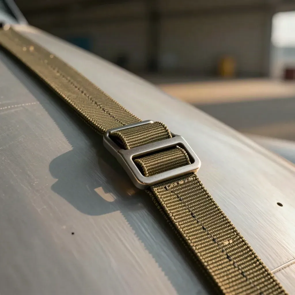 Close-up of aircraft harness hardware and webbing on a metal panel in warm hangar light.