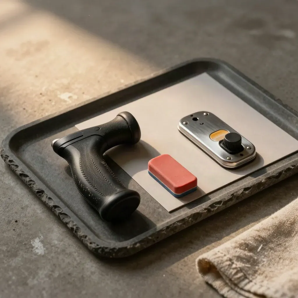 Yoke grip, eraser, and switch guard on a stone tray in warm workshop light