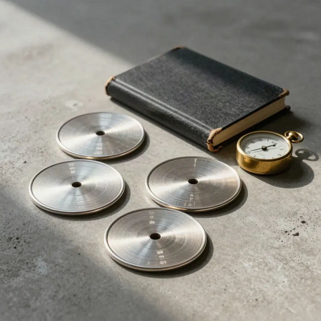 Top-down flatlay of silver tally discs, closed logbook and brass flight counter on concrete.