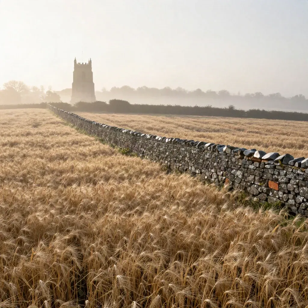 Hertfordshire barley fields, flint wall and distant church tower in warm mist