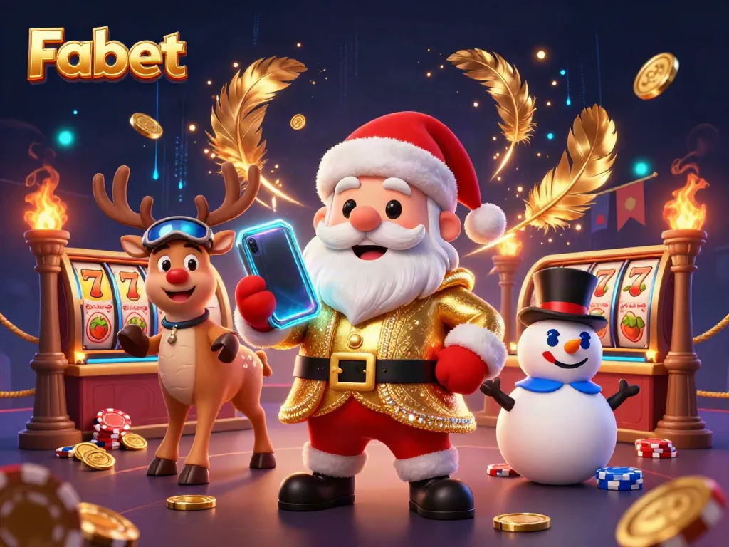 Spin jackpot slots with Fabet as Santa Claus holds a smartphone amid casino excitement.