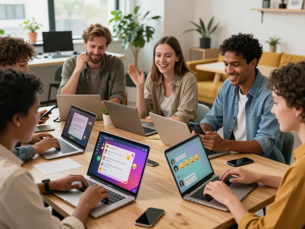 Engaging adults participating in dynamic sexchat conversations in a modern co-working space.