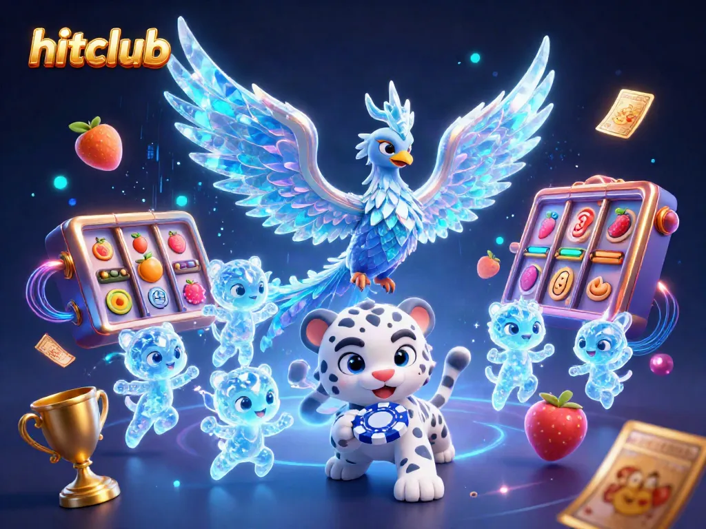 Hitclub's ice phoenix and snow leopard cub celebrate a jackpot win with vibrant casino elements.
