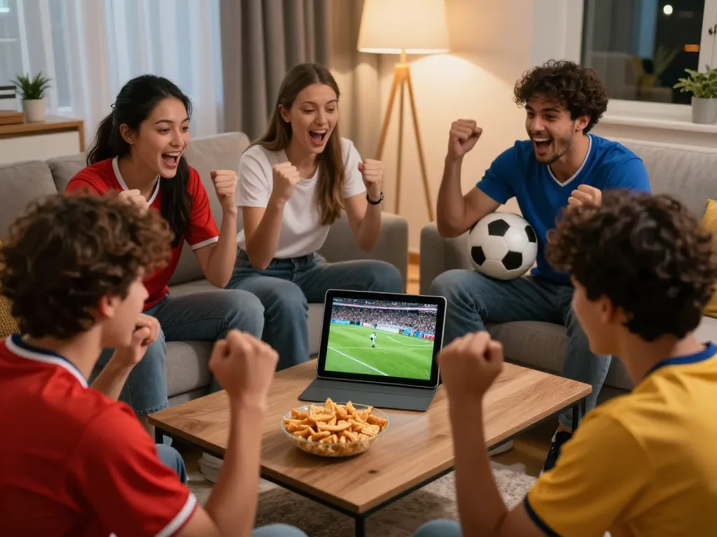 Xem trực tiếp bóng đá with friends enjoying a live football match in a cozy home environment, celebration of a goal.