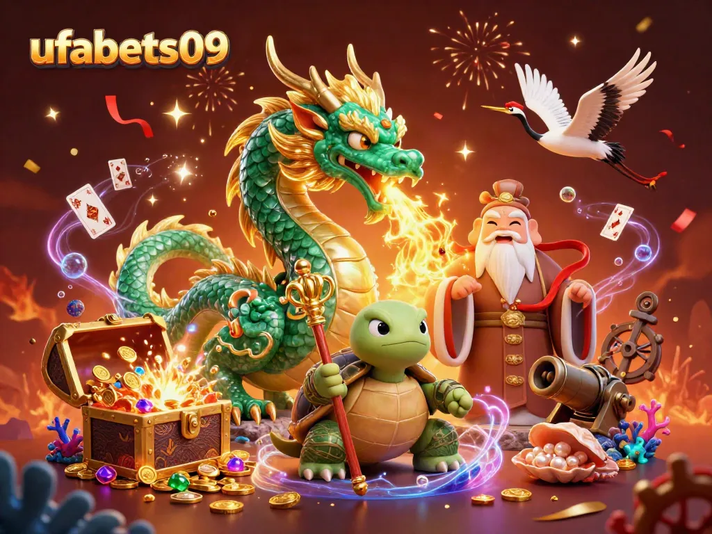 Experience the thrill of ufabets09 with a vibrant scene showcasing a jade dragon, turtle sage, and lucky cranes amidst treasure and festive elements.