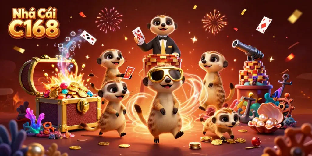 Meerkats celebrate at the vibrant Nhà Cái C168 casino with treasure and colorful gems