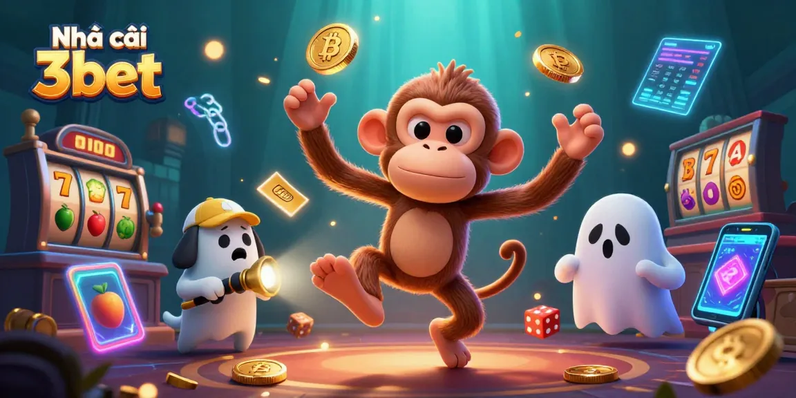 Engage with Nhà cái 3bet featuring a dynamic casino scene of a playful monkey and ghost-hunter puppy.