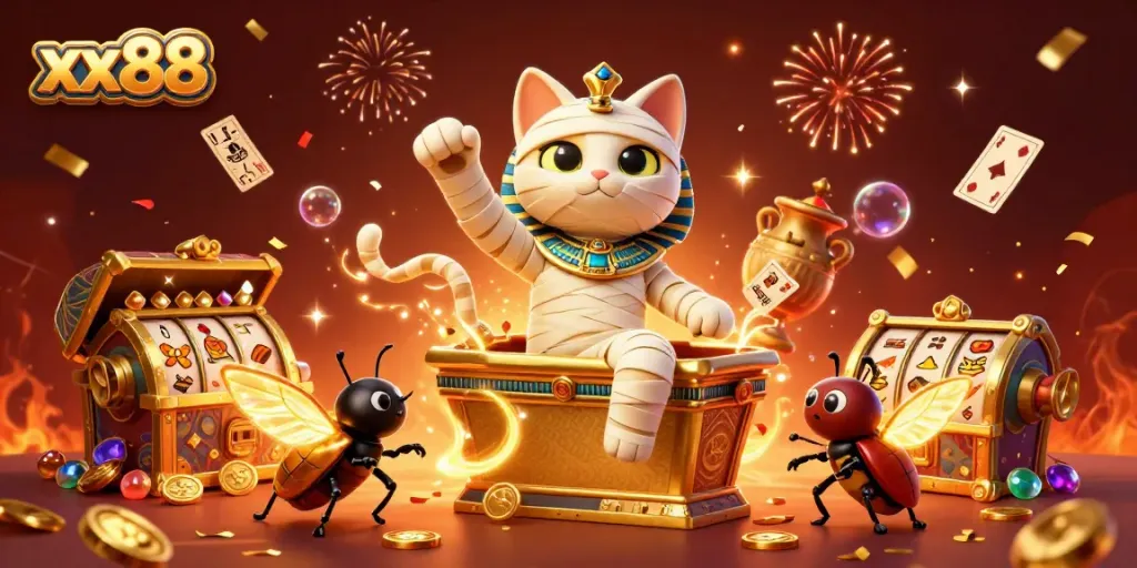 Experience the thrilling ambiance of xx88 casino with a mummy cat, scarab, and spinning slot reels.