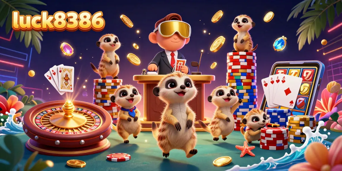 Experience excitement at luck8386 casino with meerkats managing games and vibrant visuals in a dynamic scene.