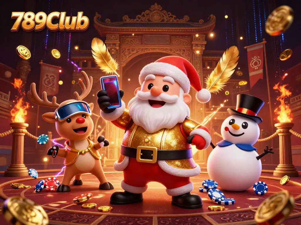 Catch big wins with 789Club in this dynamic casino scene featuring festive characters.