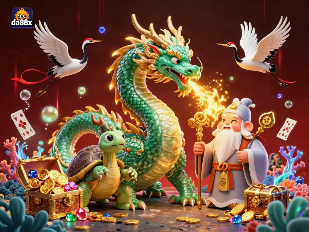 Experience big wins with da88x featuring a jade dragon, turtle sage, and lucky cranes in a vibrant casino setting.